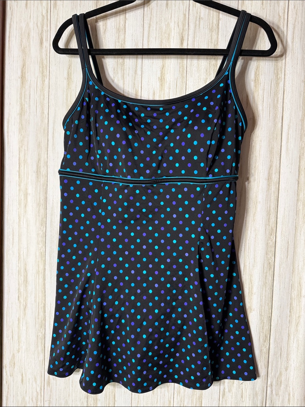Studio Works Black One-Piece Swimdress with Teal and Blue Polka Dots
